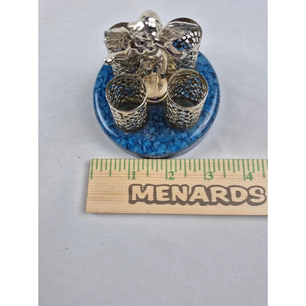 Silver Tone Cherub Angel Lipstick Holder Blue Crushed Stone Base Vanity Sam Fink